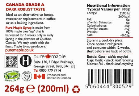 Label for Dark Robust Maple Syrup 200ml 264g - Pure Maple Syrup