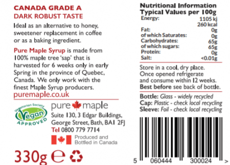 Dark Robust Pure Maple Syrup - bottle label - Pure Maple - Nutritional information