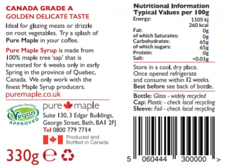 bottle label for Golden Delicate Maple Syrup including nutritional and storage information