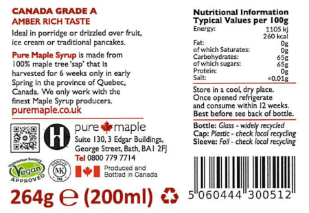 Bottle label for Amber Rich Maple Syrup 200ml 264g