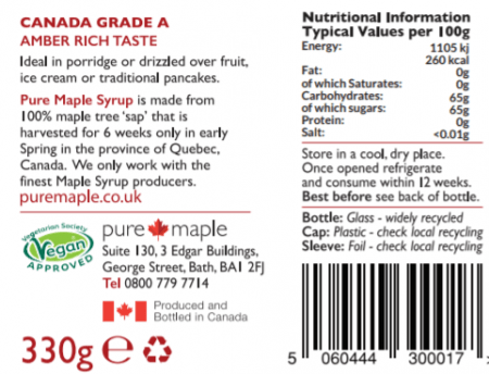 Amber Rich Pure Maple Syrup - bottle label - Pure Maple - Nutritional information
