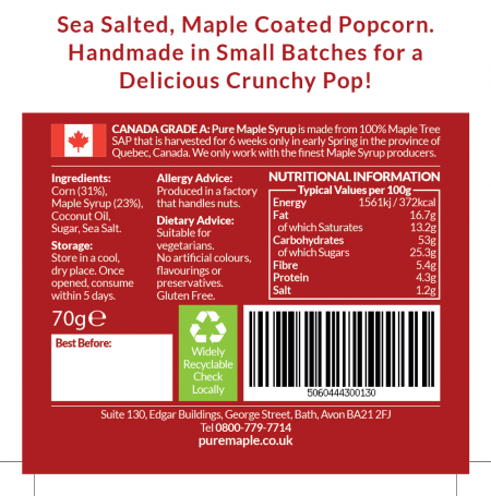Sea Salted Maple Popcorn - bag label back - including nutritional information