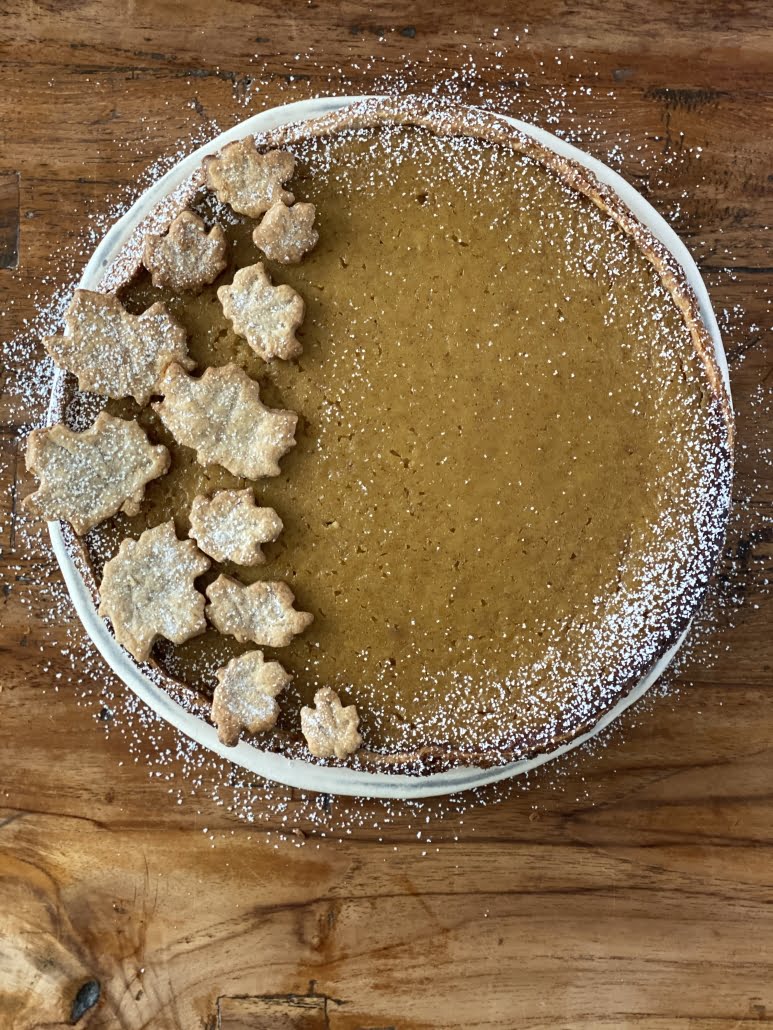 Maple Pumpkin Pie - decorated with pastry leaves and dusted with icing sugar - Pure Maple Syrup