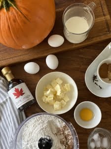 Maple pumpkin pie ingredients maple syrup, pumpkin, eggs, cream, spices, flour, butter, water