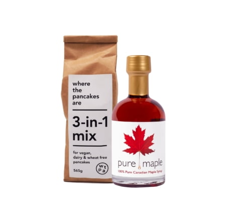 Pure Maple Syrup bottle - Amber Rich, where the pancakes are - 3 in 1 flour mix for wheat-free, dairy-free, vegan pancakes