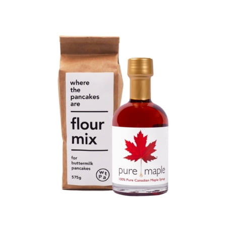 Pure Maple Syrup bottle - Amber Rich, where the pancakes are - flour mix for buttermilk pancakes