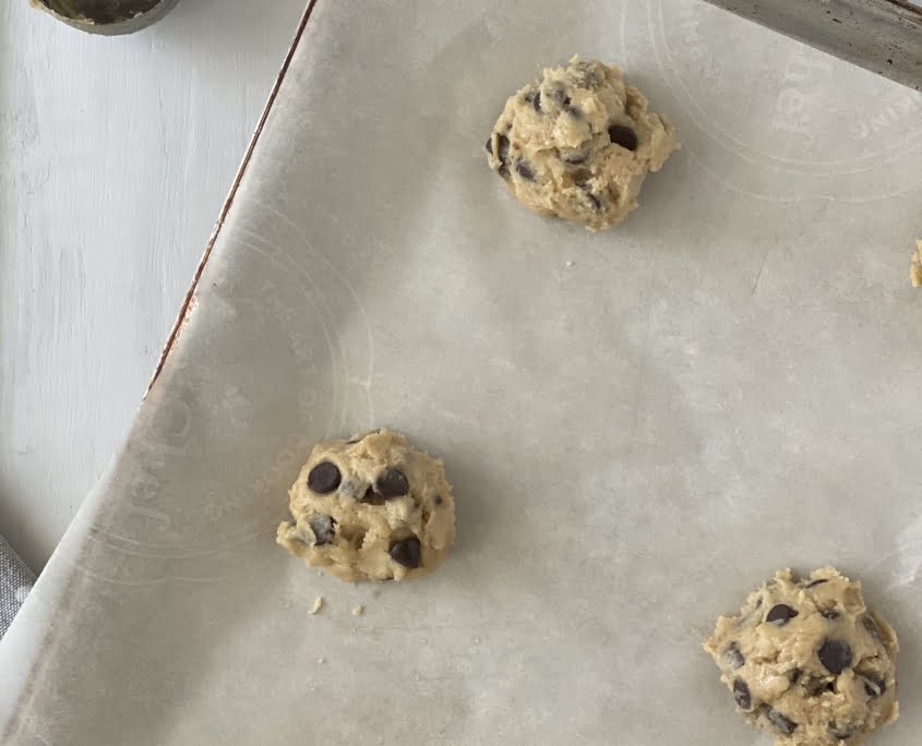 Chocolate Chip Cookie - layed out on grease proof paper