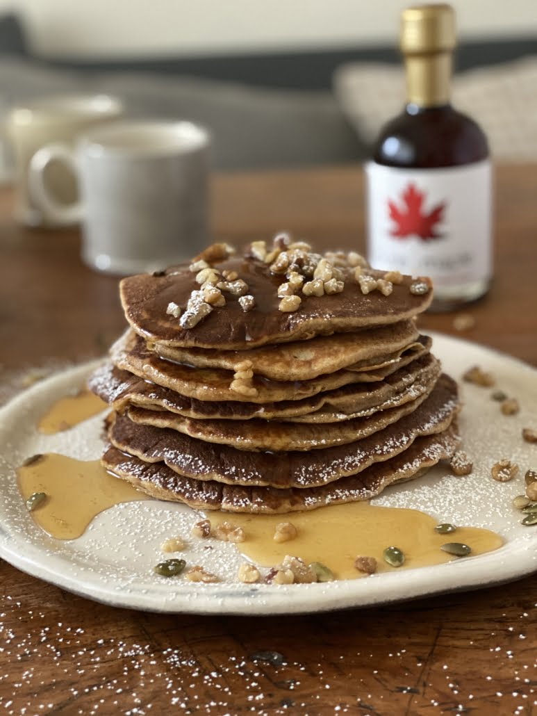 Pumpkin Pie Pancakes with pumpkin seeds, walnuts and Pure Maple Syrup - Pure Maple