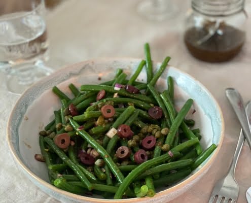 French bean salad with a jar of maple and mustard dressing - Pure Maple