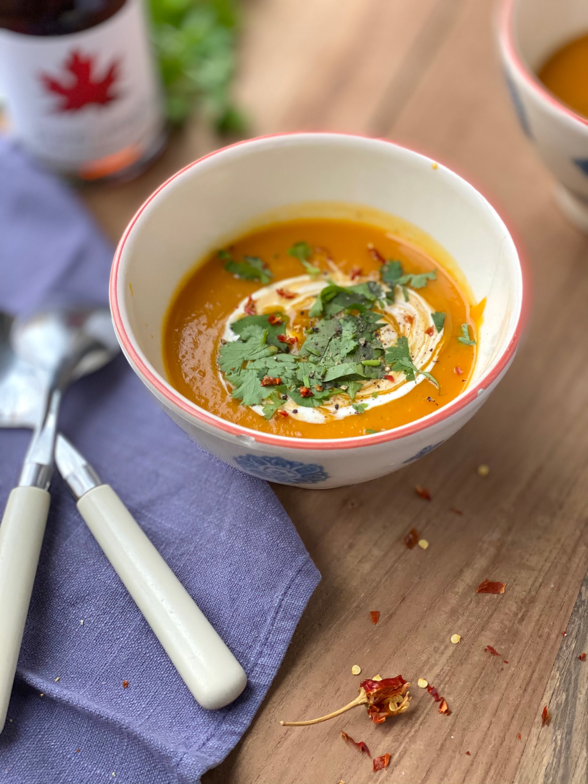 Vegan Roasted Maple Butternut Squash Soup with yoghurt, coriander and chilli pepper