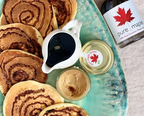 Platter with Maple and Cinnamon Swirl Pancakes served with maple butter and maple syrup - Pure Maple